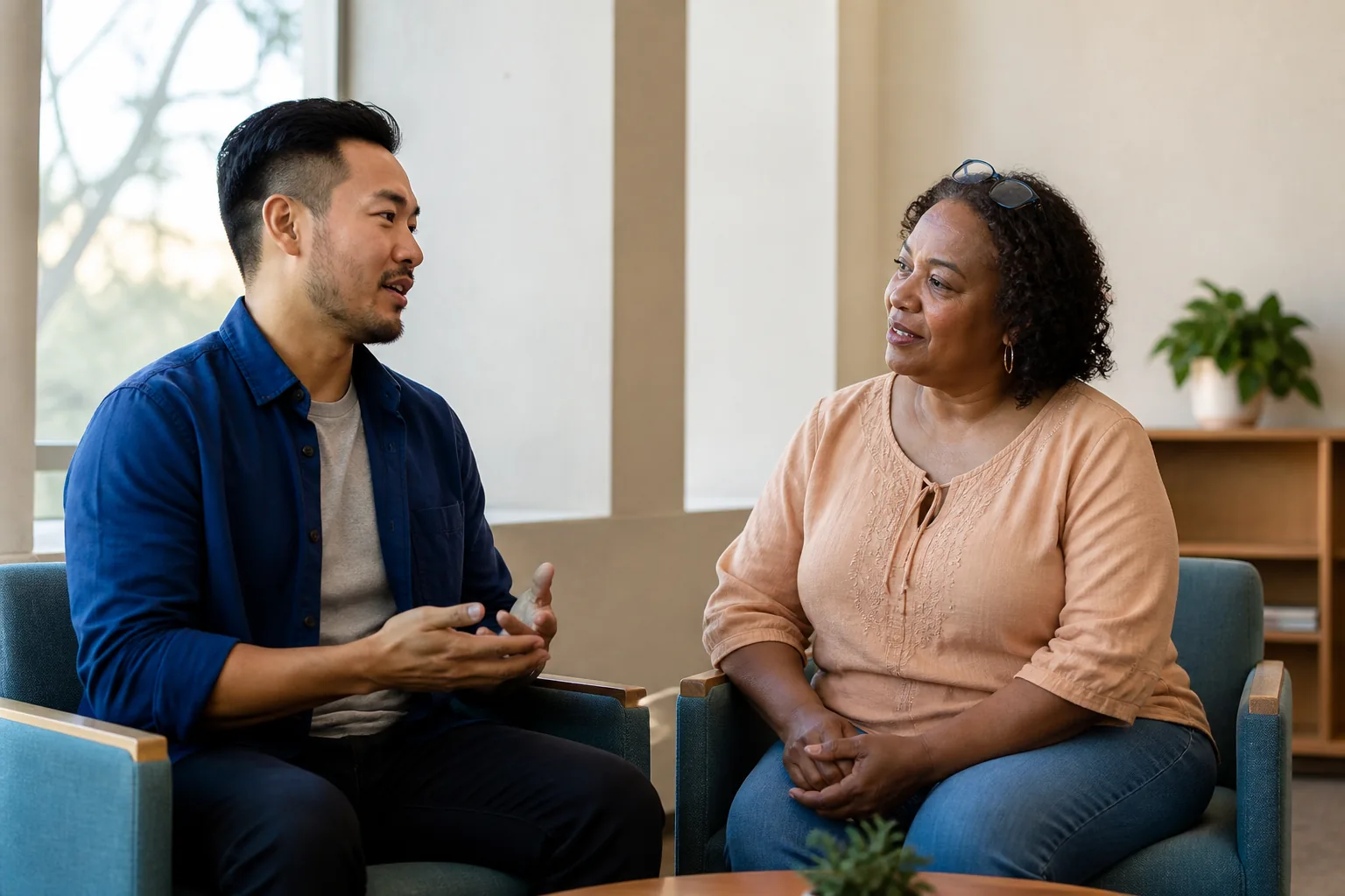 Two adults having an attentive conversation in a bright community room.